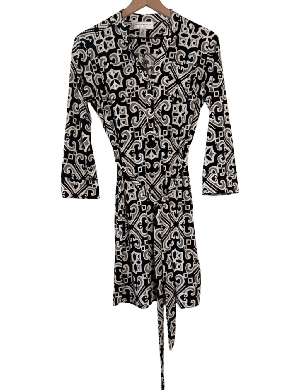 Donna Morgan Black White Tie Waist Career Dress Size 6 Geometric Print‎